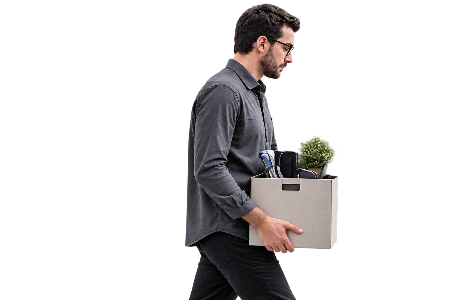 Persona saliendo de la oficina con una caja de sus cosas