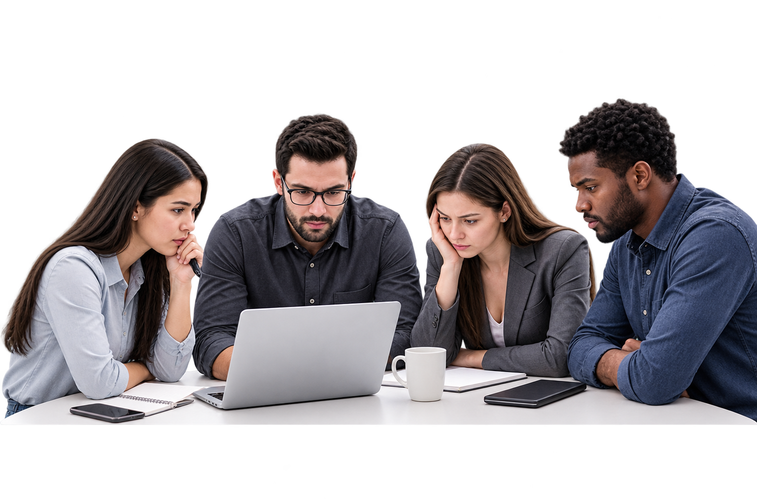 Equipo mirando en silencio la pantalla de un computador en una reunión